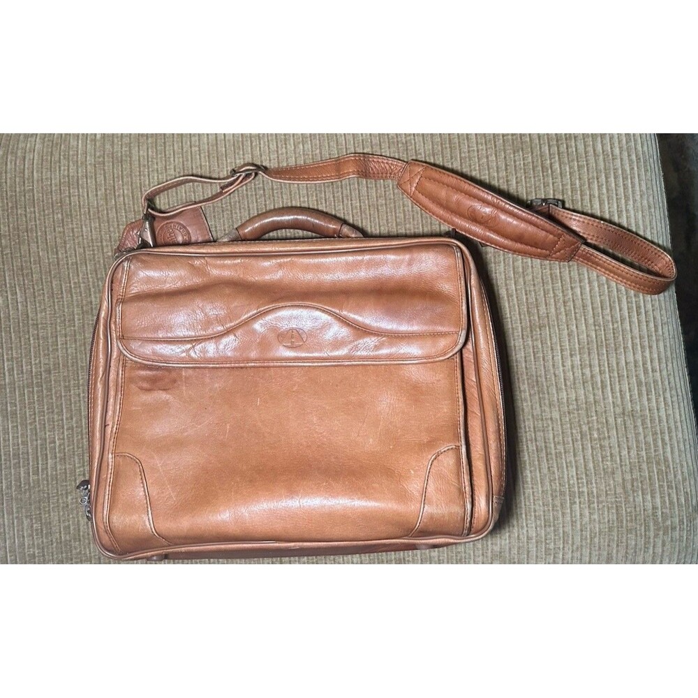 Full Grain Leather Briefcase Laptop Bag Tan Cognac Double Zip